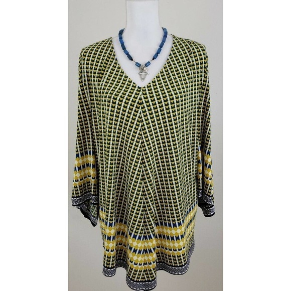 Chico's ~Woman Size 3~ Yellow/Blue Flare Top Blouse, Stretch, 3/4 Sleeve. - Picture 4 of 12